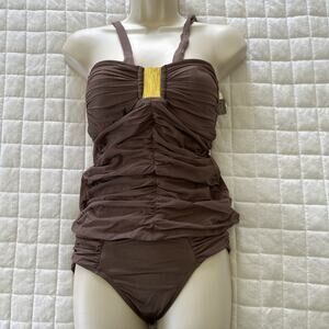 Leilani Swimwear Womens 6 Tankini Brown 2 Piece Ruched Halter Gold Trim Beach